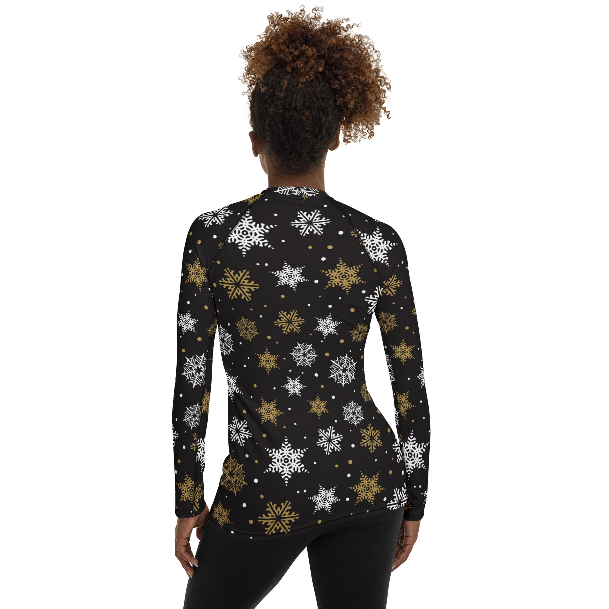 Women's Black & Gold Snowflake Long Sleeve Rash Guard Swim Shirt – Buttery Soft, Sun Safe UPF 50+ Protection, Quick Dry & 4-Way Stretch Comfort