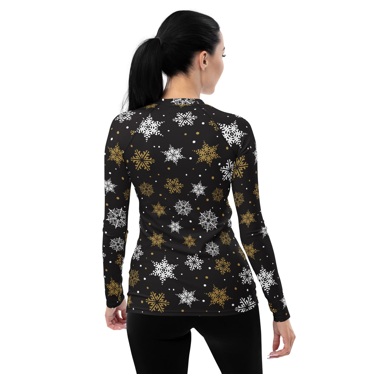 Women's Black & Gold Snowflake Long Sleeve Rash Guard Swim Shirt – Buttery Soft, Sun Safe UPF 50+ Protection, Quick Dry & 4-Way Stretch Comfort