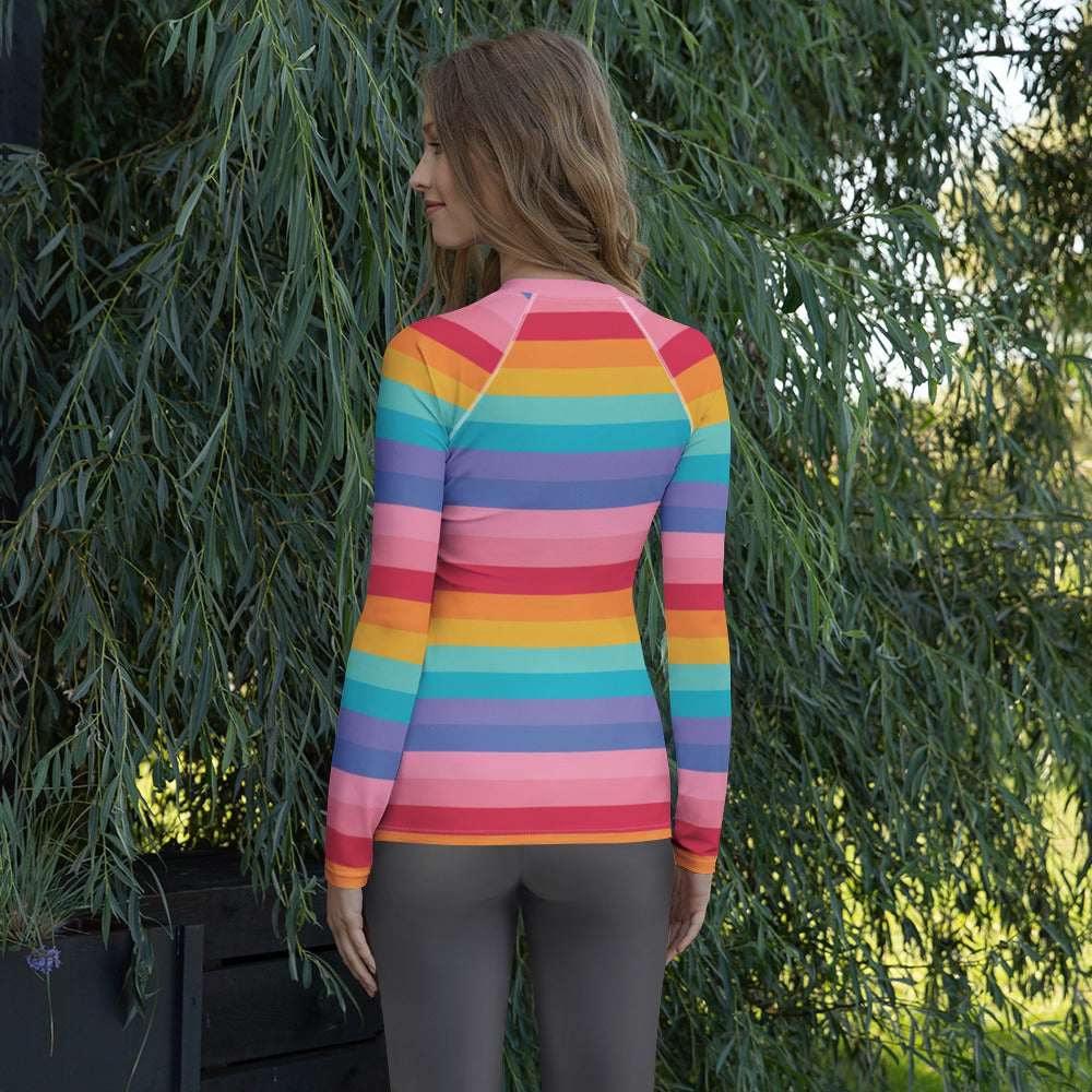 Women's Bright Striped Rainbow Long Sleeve Rash Guard Swim Shirt – Buttery Soft, Sun Safe UPF 50+ Protection, Quick Dry & 4-Way Stretch Comfort