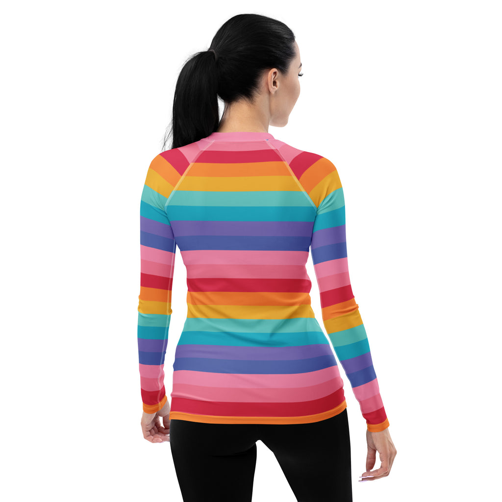 Women's Bright Striped Rainbow Long Sleeve Rash Guard Swim Shirt – Buttery Soft, Sun Safe UPF 50+ Protection, Quick Dry & 4-Way Stretch Comfort