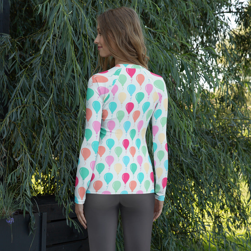 Women's Rainbow Birthday Balloons Long Sleeve Rash Guard Swim Shirt – Buttery Soft, Sun Safe UPF 50+ Protection, Quick Dry & 4-Way Stretch Comfort
