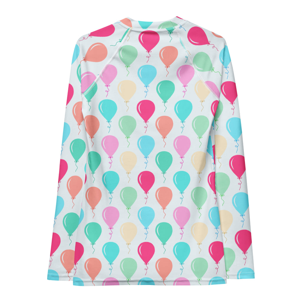 Women's Rainbow Birthday Balloons Long Sleeve Rash Guard Swim Shirt – Buttery Soft, Sun Safe UPF 50+ Protection, Quick Dry & 4-Way Stretch Comfort