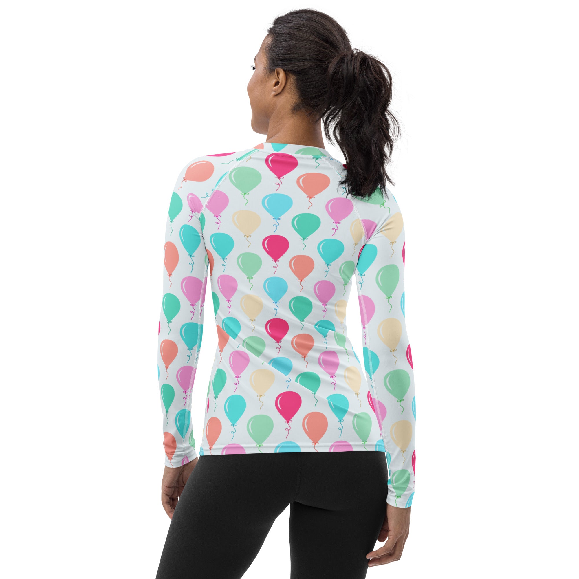 Women's Rainbow Birthday Balloons Long Sleeve Rash Guard Swim Shirt – Buttery Soft, Sun Safe UPF 50+ Protection, Quick Dry & 4-Way Stretch Comfort