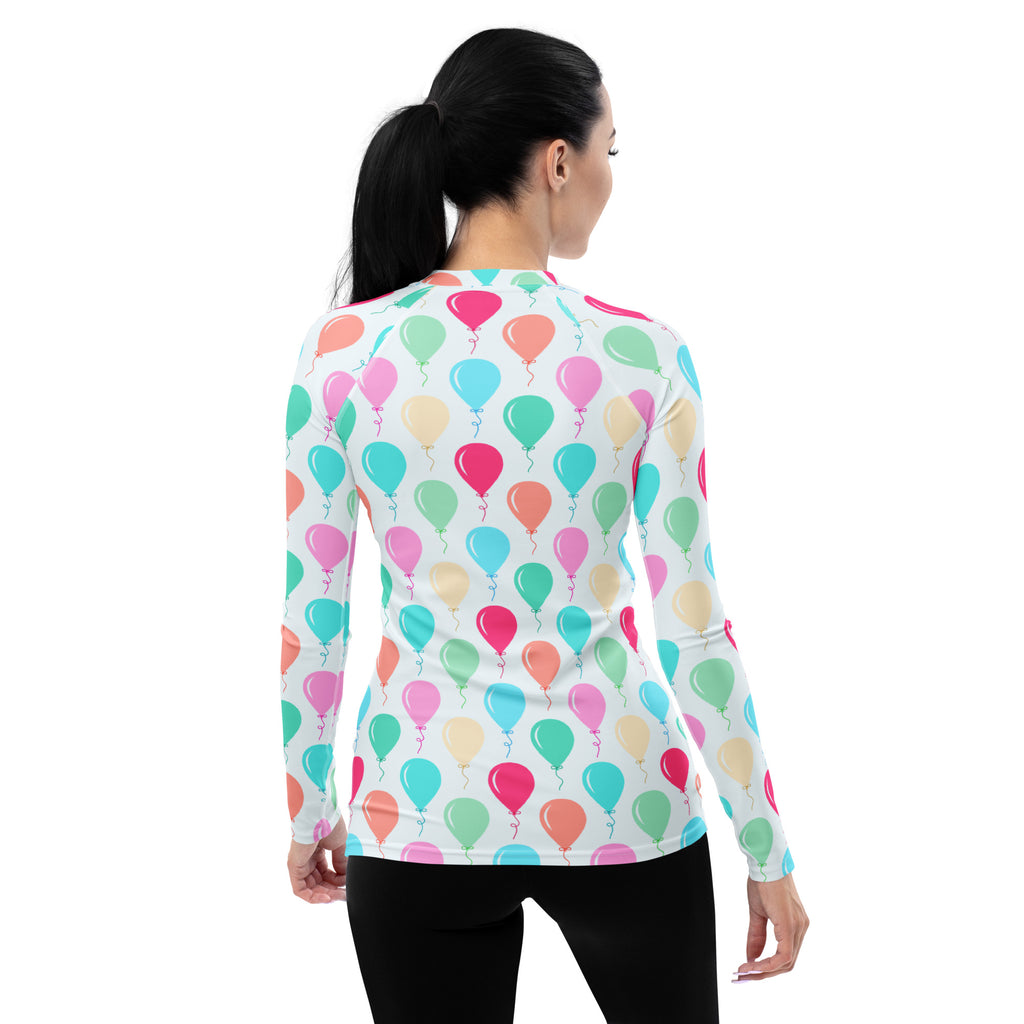 Women's Rainbow Birthday Balloons Long Sleeve Rash Guard Swim Shirt – Buttery Soft, Sun Safe UPF 50+ Protection, Quick Dry & 4-Way Stretch Comfort