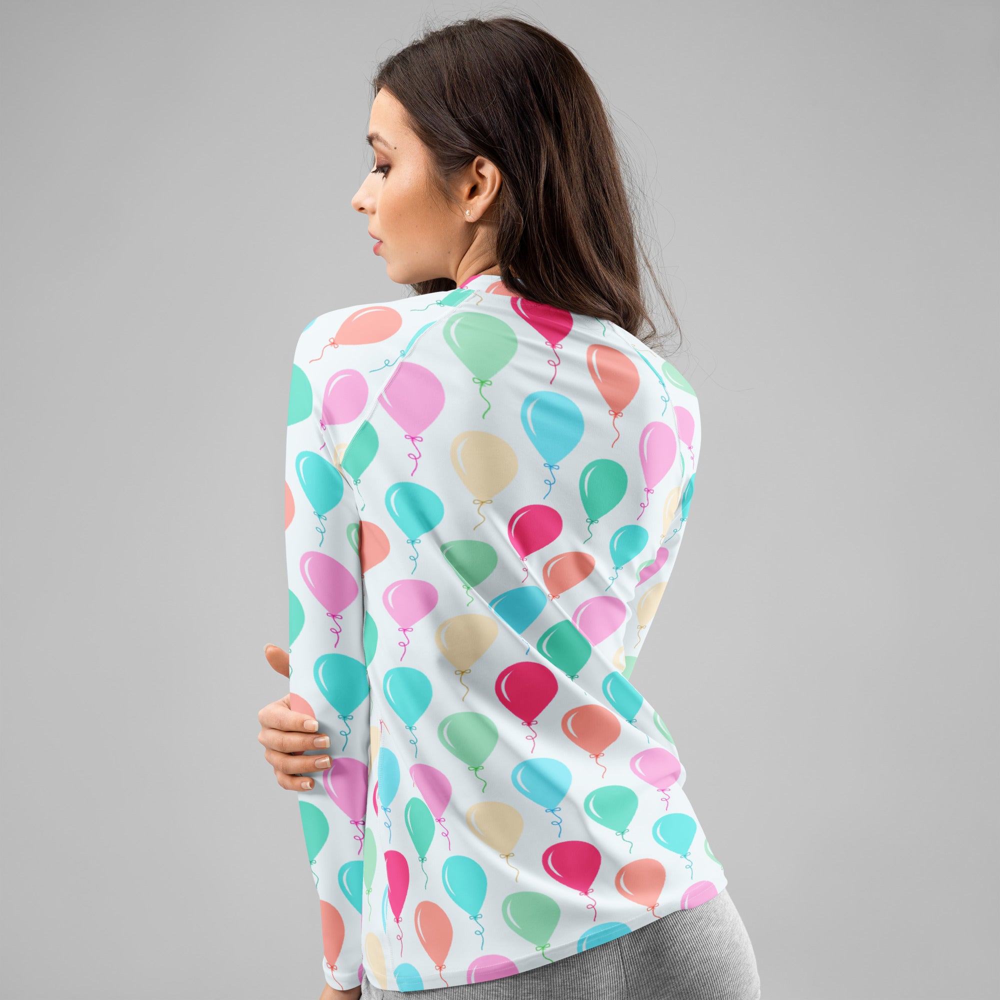 Women's Rainbow Birthday Balloons Long Sleeve Rash Guard Swim Shirt – Buttery Soft, Sun Safe UPF 50+ Protection, Quick Dry & 4-Way Stretch Comfort