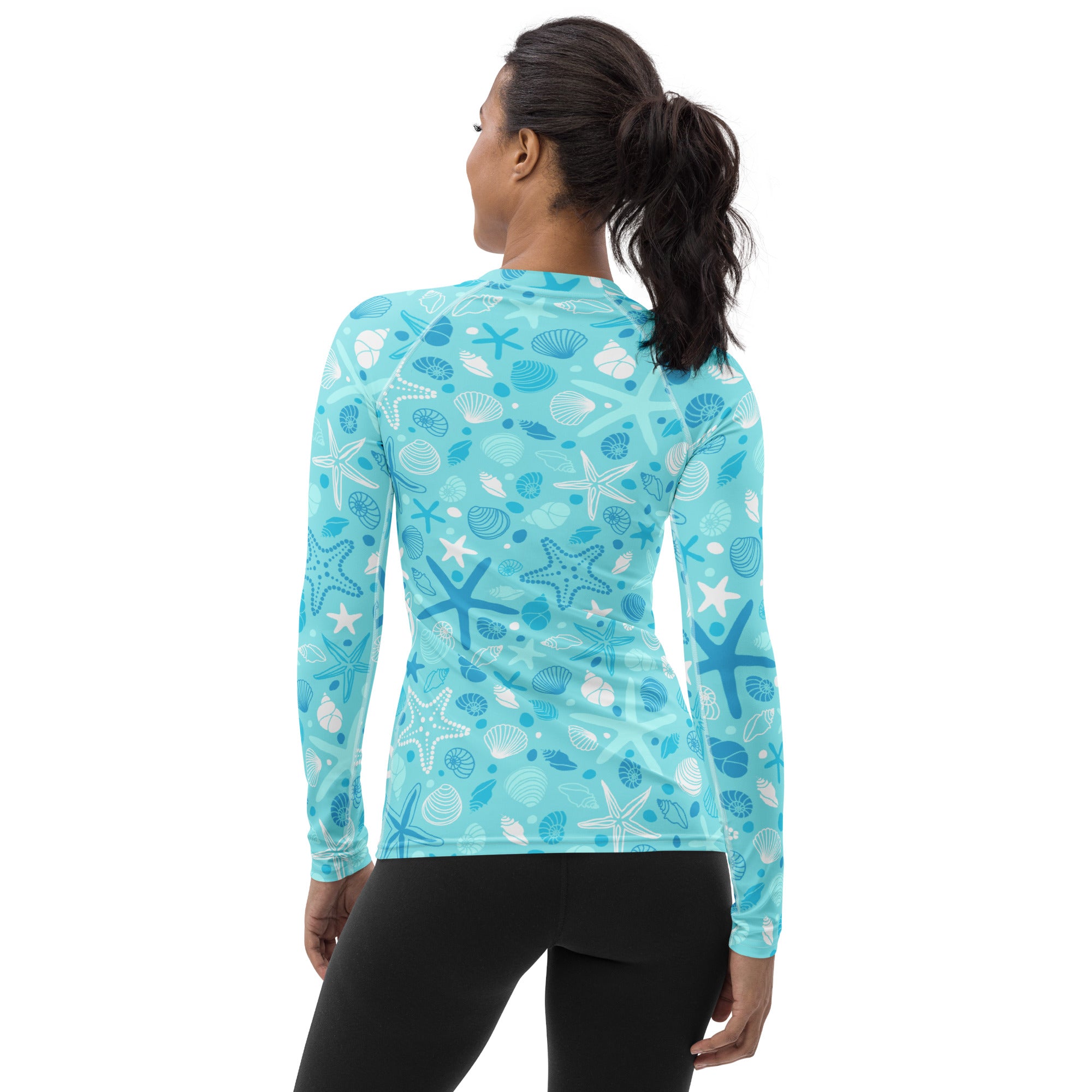 Women's Starfish & Shells Long Sleeve Rash Guard Swim Shirt – Buttery Soft, Sun Safe UPF 50+ Protection, Quick Dry & 4-Way Stretch Comfort