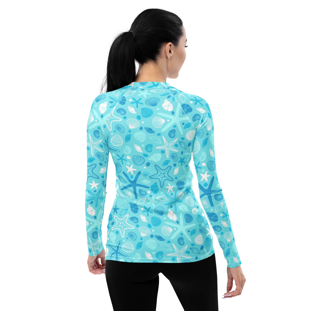 Women's Starfish & Shells Long Sleeve Rash Guard Swim Shirt – Buttery Soft, Sun Safe UPF 50+ Protection, Quick Dry & 4-Way Stretch Comfort