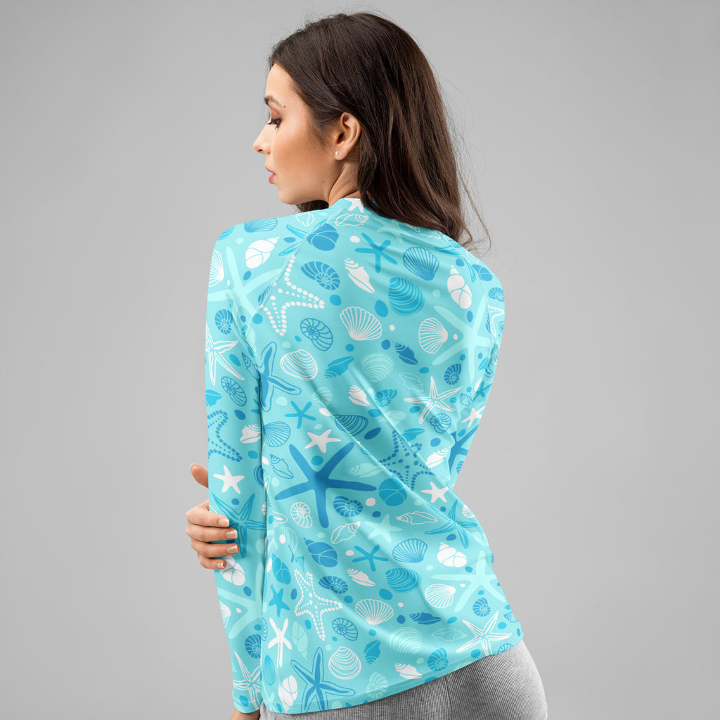 Women's Starfish & Shells Long Sleeve Rash Guard Swim Shirt – Buttery Soft, Sun Safe UPF 50+ Protection, Quick Dry & 4-Way Stretch Comfort