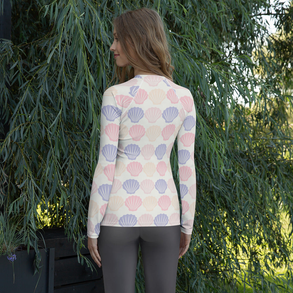 Women's Pastel Seashell Long Sleeve Rash Guard Swim Shirt – Buttery Soft, Sun Safe UPF 50+ Protection, Quick Dry & 4-Way Stretch Comfort