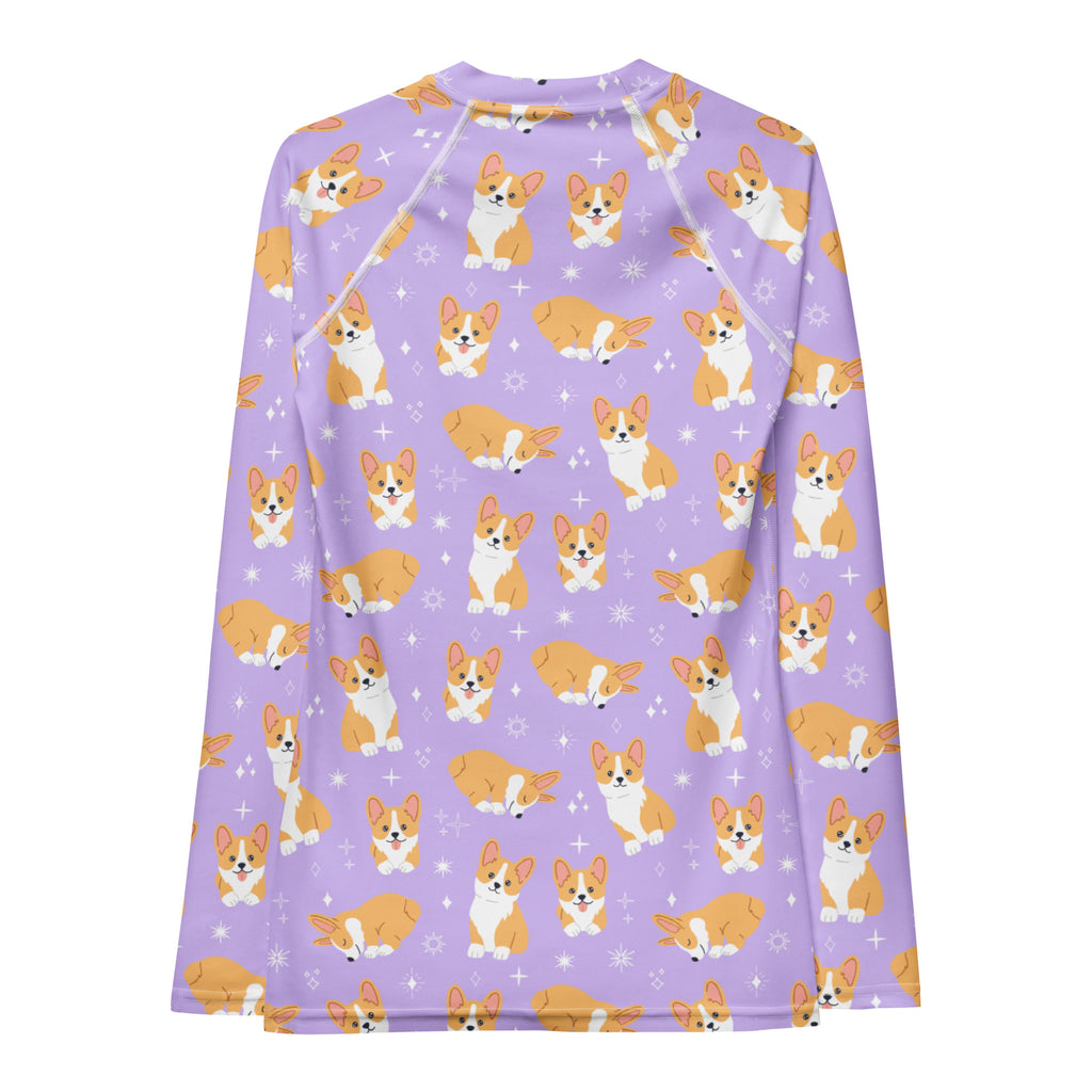 Women's Purple Corgi Dog Long Sleeve Rash Guard Swim Shirt – Buttery Soft, Sun Safe UPF 50+ Protection, Quick Dry & 4-Way Stretch Comfort