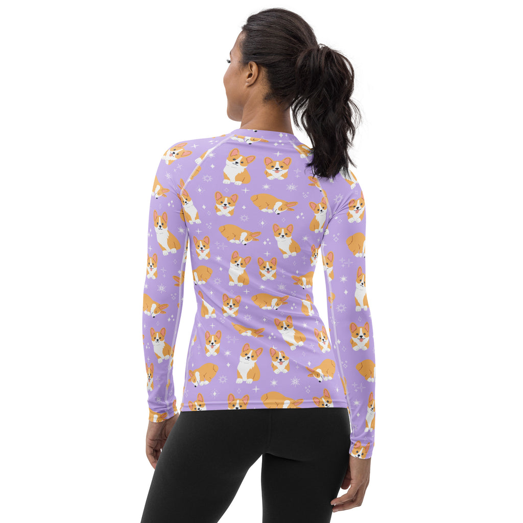 Women's Purple Corgi Dog Long Sleeve Rash Guard Swim Shirt – Buttery Soft, Sun Safe UPF 50+ Protection, Quick Dry & 4-Way Stretch Comfort