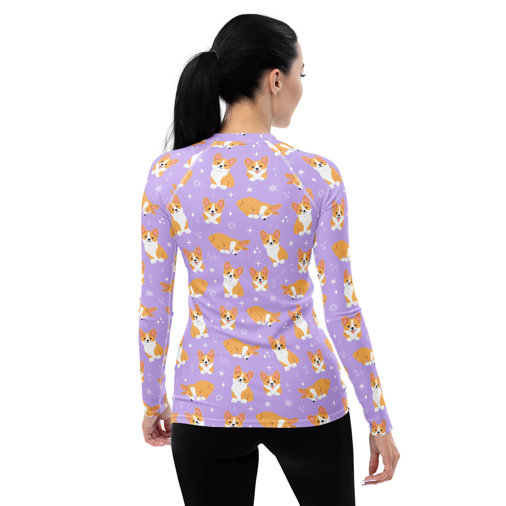 Women's Purple Corgi Dog Long Sleeve Rash Guard Swim Shirt – Buttery Soft, Sun Safe UPF 50+ Protection, Quick Dry & 4-Way Stretch Comfort