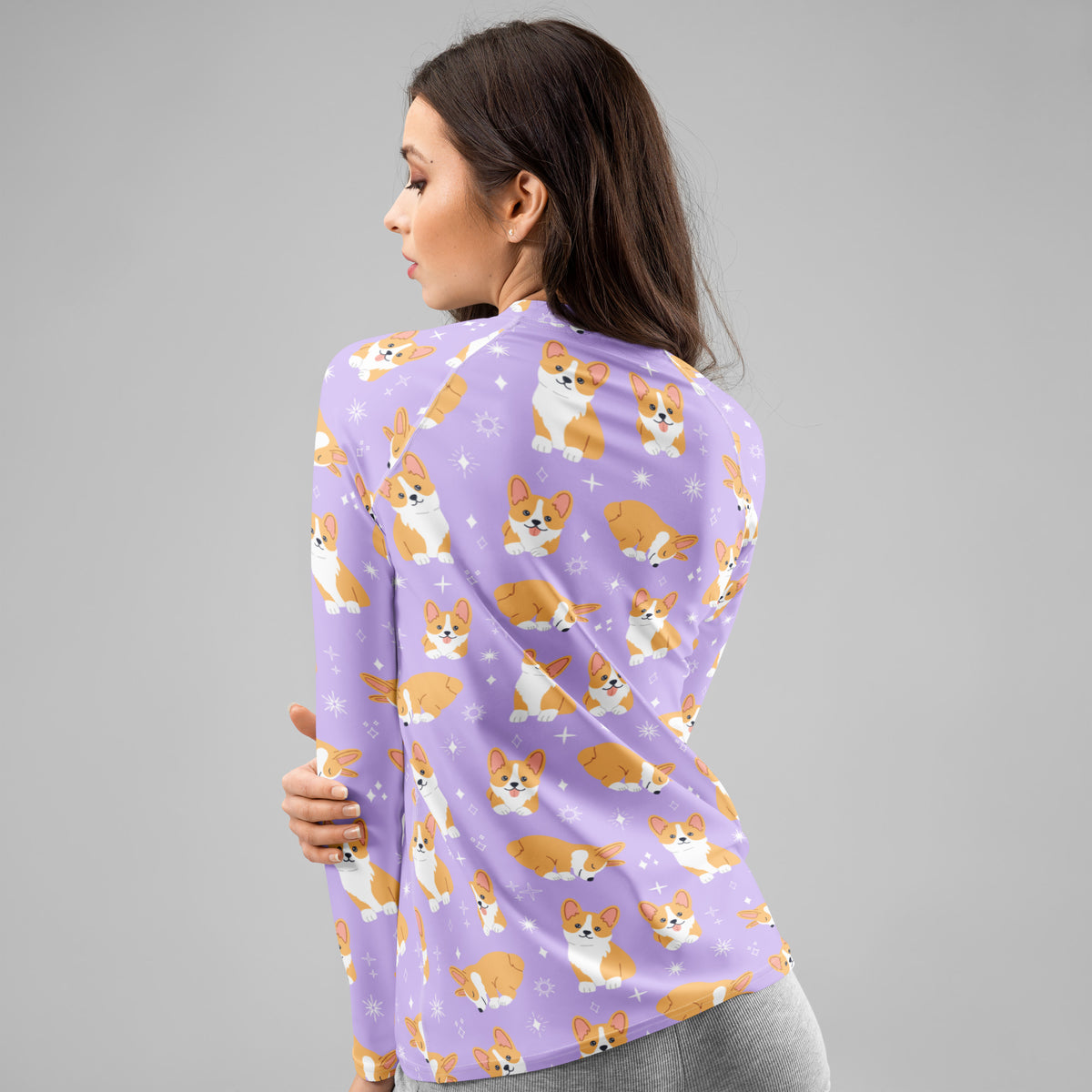 Women's Purple Corgi Dog Long Sleeve Rash Guard Swim Shirt – Buttery Soft, Sun Safe UPF 50+ Protection, Quick Dry & 4-Way Stretch Comfort