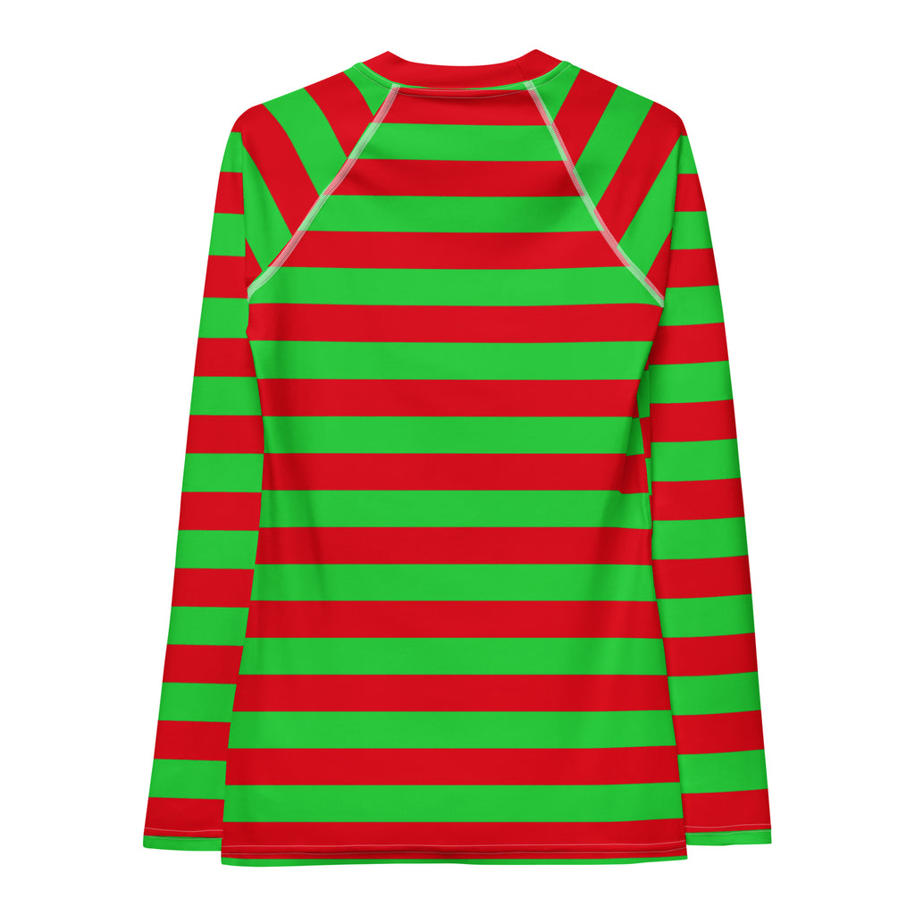 Women's Red & Green Striped Christmas Long Sleeve Rash Guard Swim Shirt – Buttery Soft, Sun Safe UPF 50+ Protection, Quick Dry & 4-Way Stretch Comfort