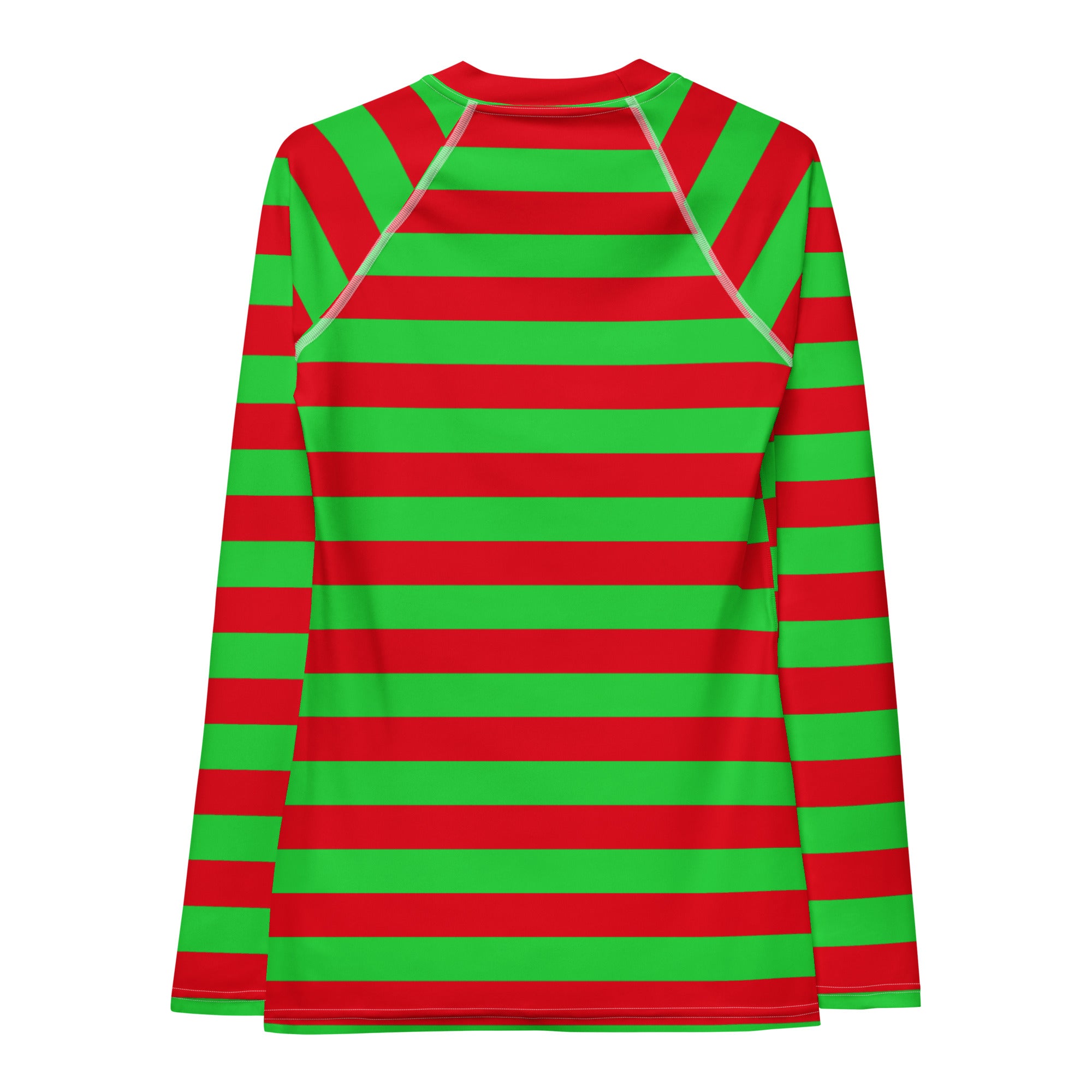 Women's Red & Green Striped Christmas Long Sleeve Rash Guard Swim Shirt – Buttery Soft, Sun Safe UPF 50+ Protection, Quick Dry & 4-Way Stretch Comfort
