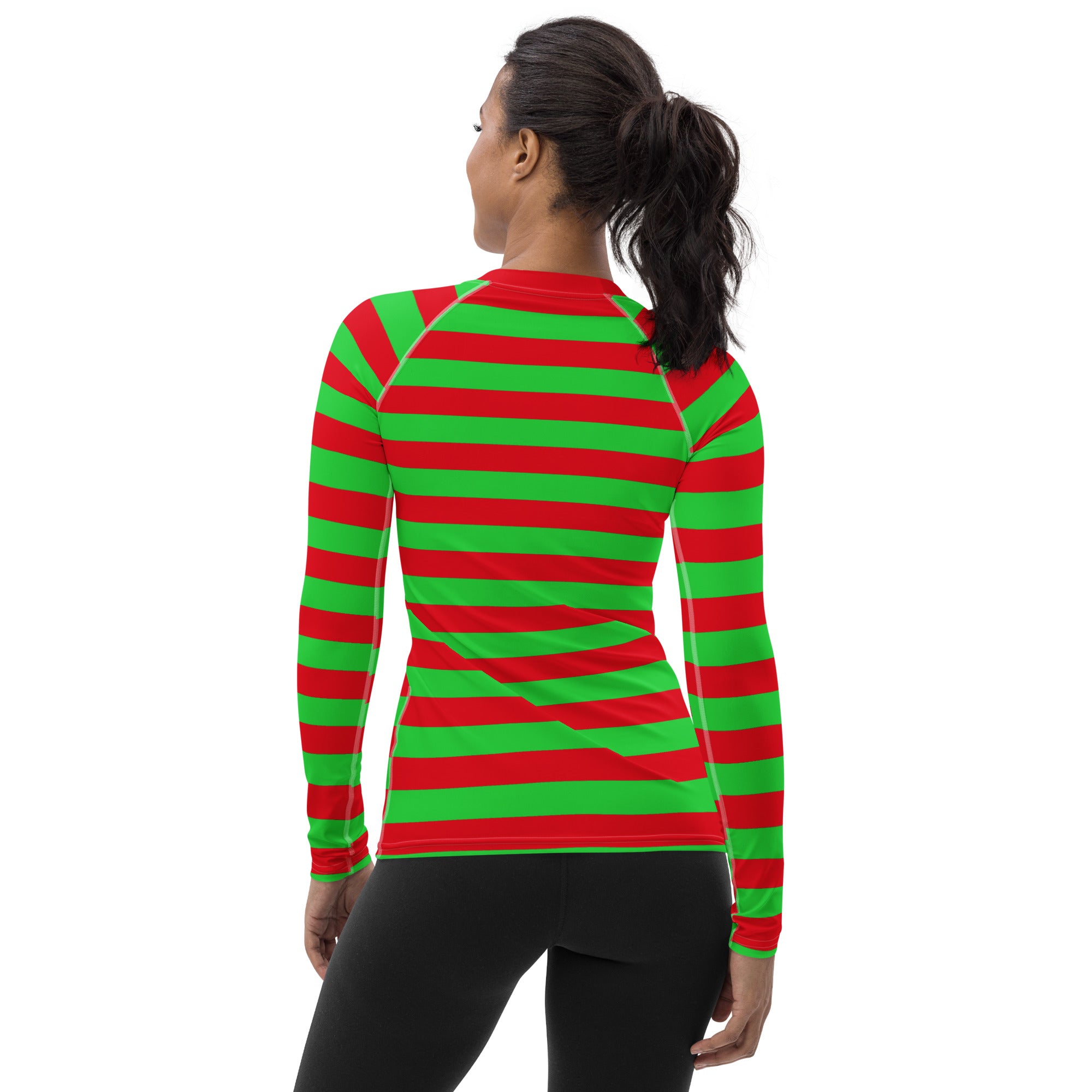 Women's Red & Green Striped Christmas Long Sleeve Rash Guard Swim Shirt – Buttery Soft, Sun Safe UPF 50+ Protection, Quick Dry & 4-Way Stretch Comfort