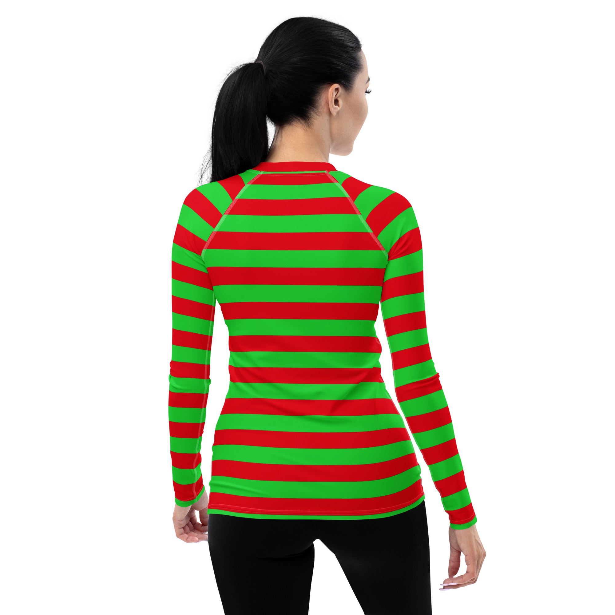 Women's Red & Green Striped Christmas Long Sleeve Rash Guard Swim Shirt – Buttery Soft, Sun Safe UPF 50+ Protection, Quick Dry & 4-Way Stretch Comfort