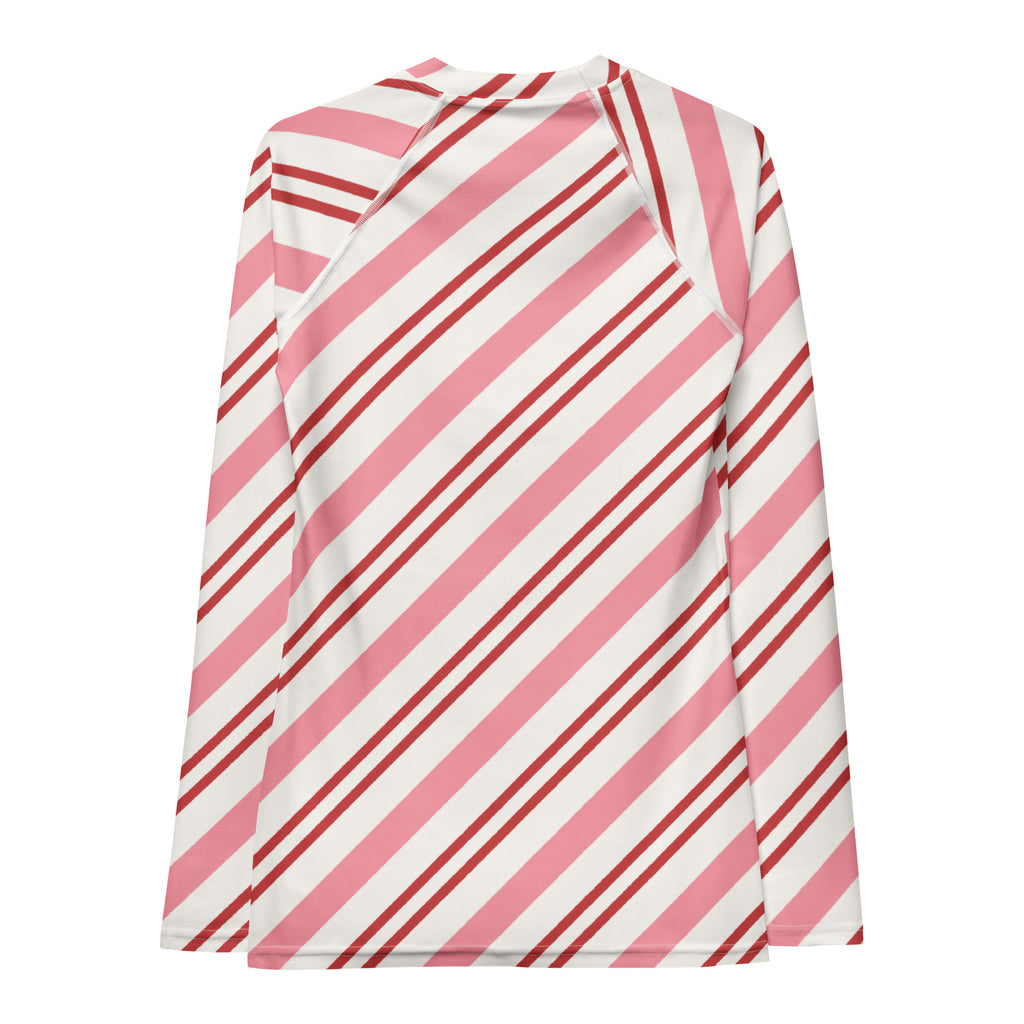 Women's Pink Candy Cane Stripe Long Sleeve Rash Guard Swim Shirt – Buttery Soft, Sun Safe UPF 50+ Protection, Quick Dry & 4-Way Stretch Comfort