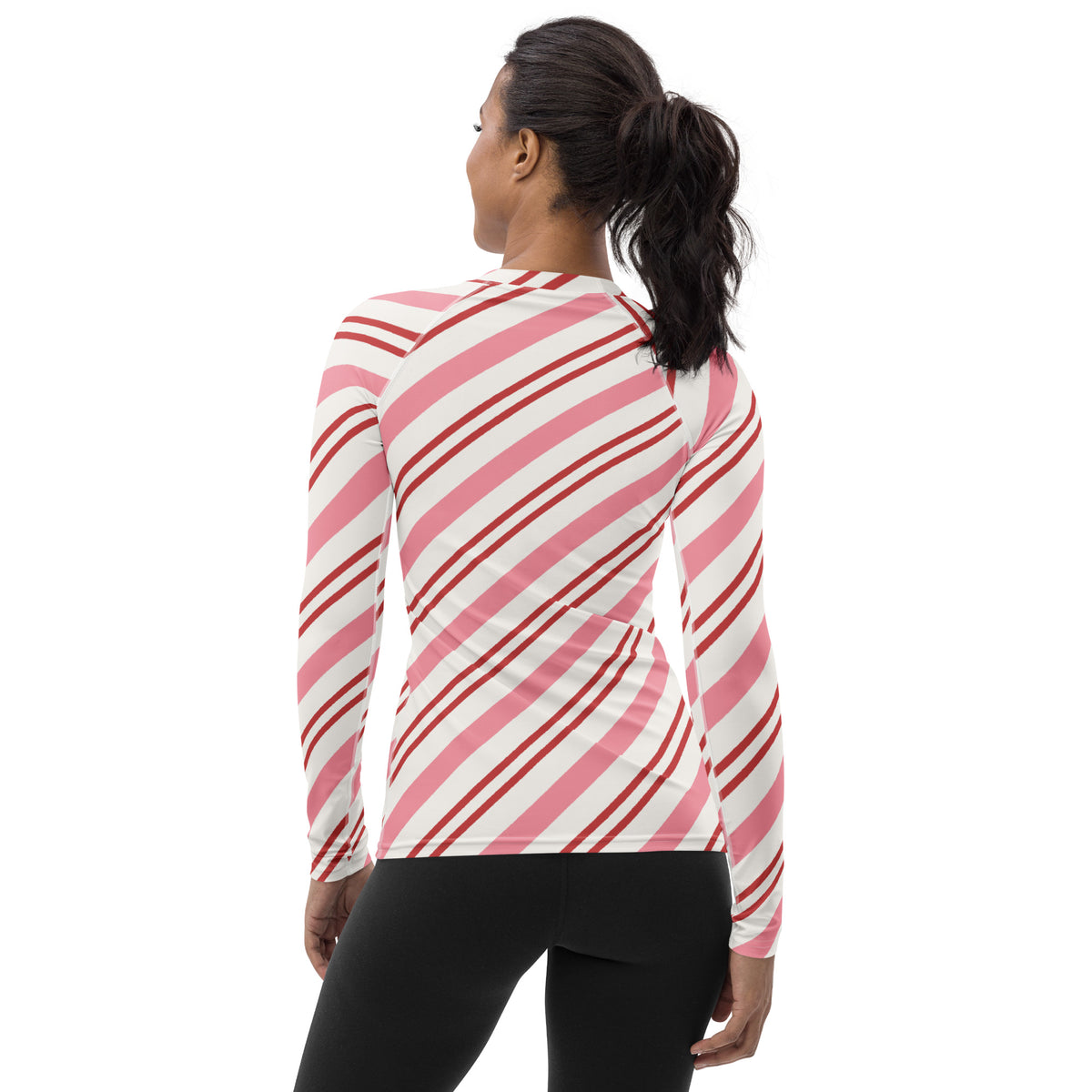 Women's Pink Candy Cane Stripe Long Sleeve Rash Guard Swim Shirt – Buttery Soft, Sun Safe UPF 50+ Protection, Quick Dry & 4-Way Stretch Comfort