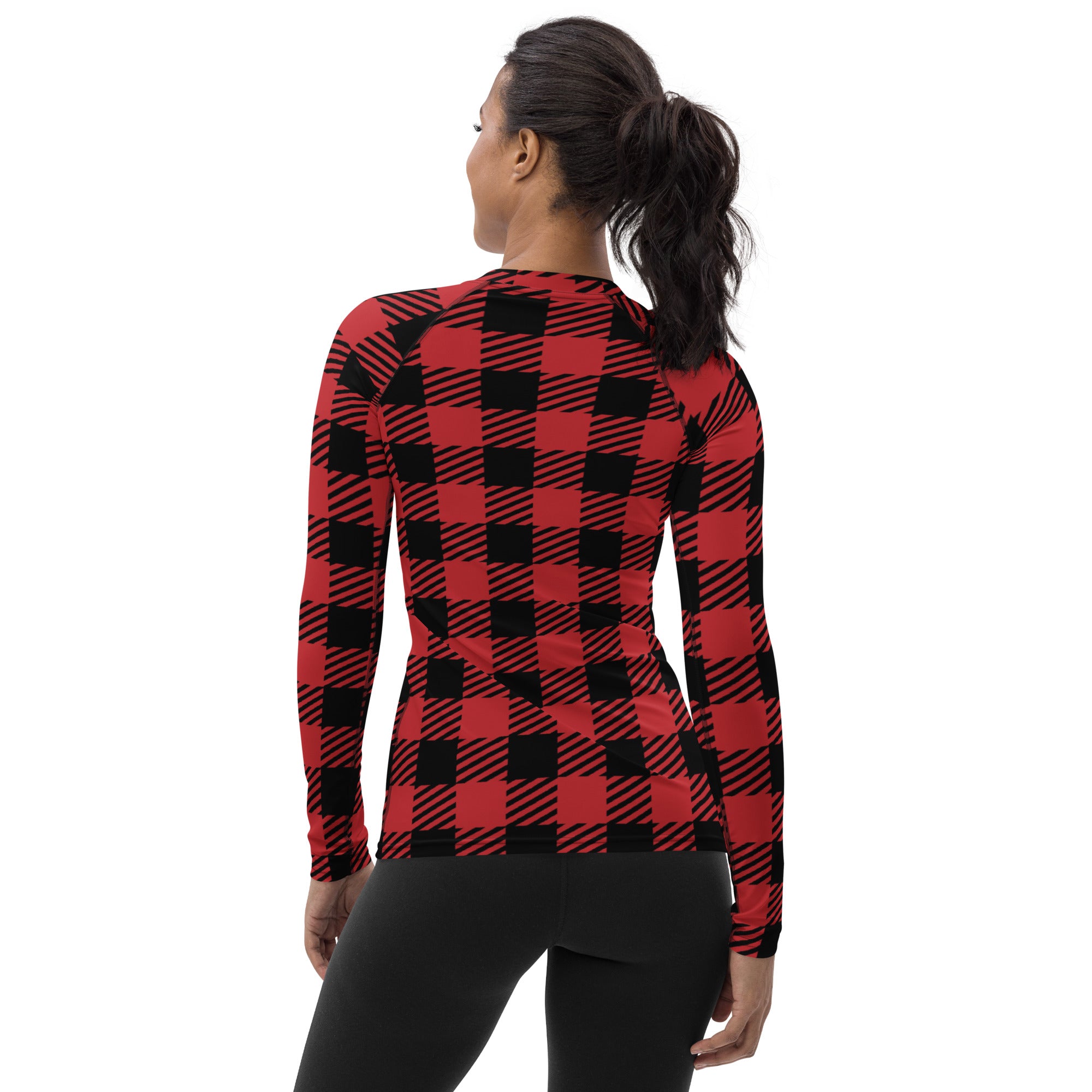 Women's Red & Black Buffalo Plaid Christmas Long Sleeve Rash Guard Swim Shirt – Buttery Soft, Sun Safe UPF 50+ Protection, Quick Dry & 4-Way Stretch Comfort