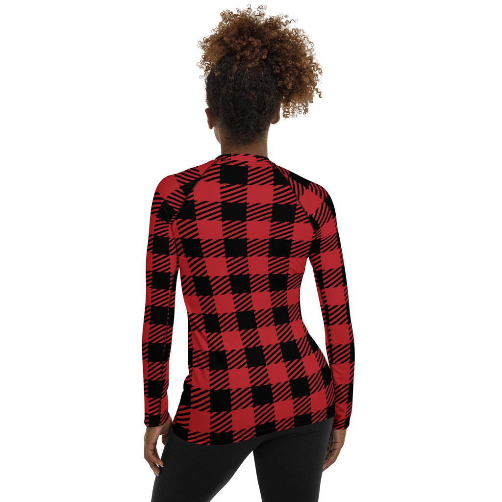 Women's Red & Black Buffalo Plaid Christmas Long Sleeve Rash Guard Swim Shirt – Buttery Soft, Sun Safe UPF 50+ Protection, Quick Dry & 4-Way Stretch Comfort