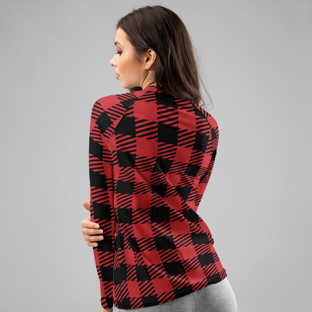 Women's Red & Black Buffalo Plaid Christmas Long Sleeve Rash Guard Swim Shirt – Buttery Soft, Sun Safe UPF 50+ Protection, Quick Dry & 4-Way Stretch Comfort