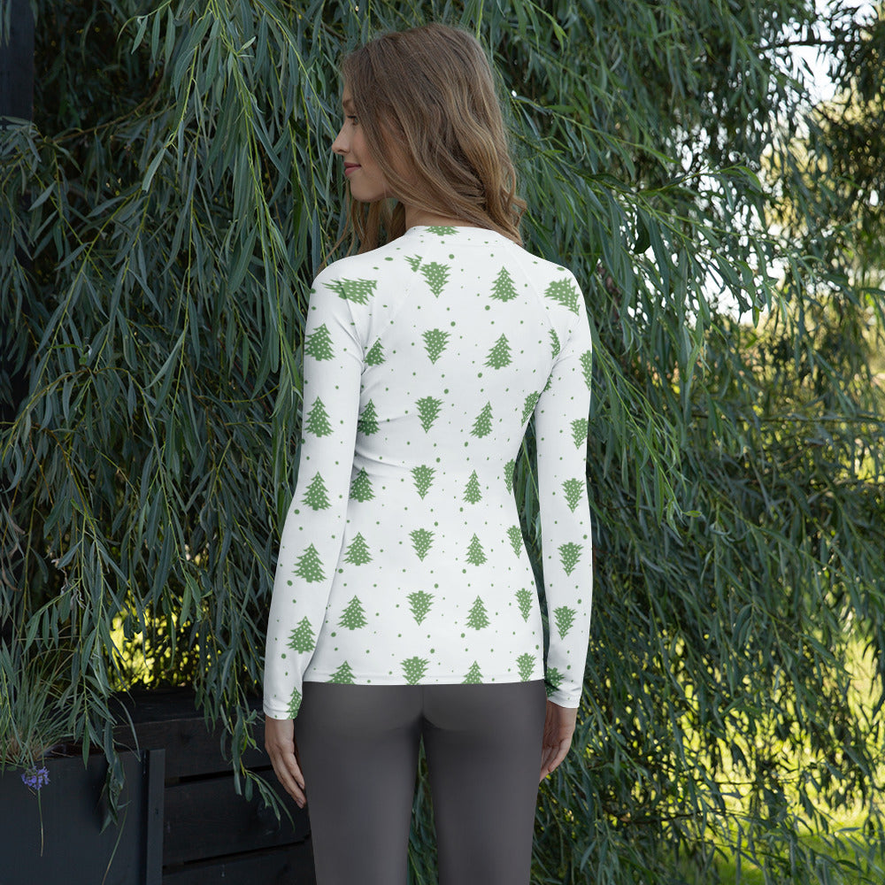 Women's Green Christmas Tree Long Sleeve Rash Guard Swim Shirt – Buttery Soft, Sun Safe UPF 50+ Protection, Quick Dry & 4-Way Stretch Comfort