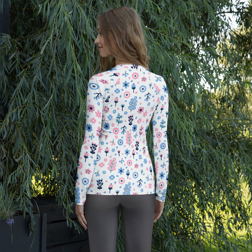 Women's Pink & Blue Floral Long Sleeve Rash Guard Swim Shirt – Buttery Soft, Sun Safe UPF 50+ Protection, Quick Dry & 4-Way Stretch Comfort