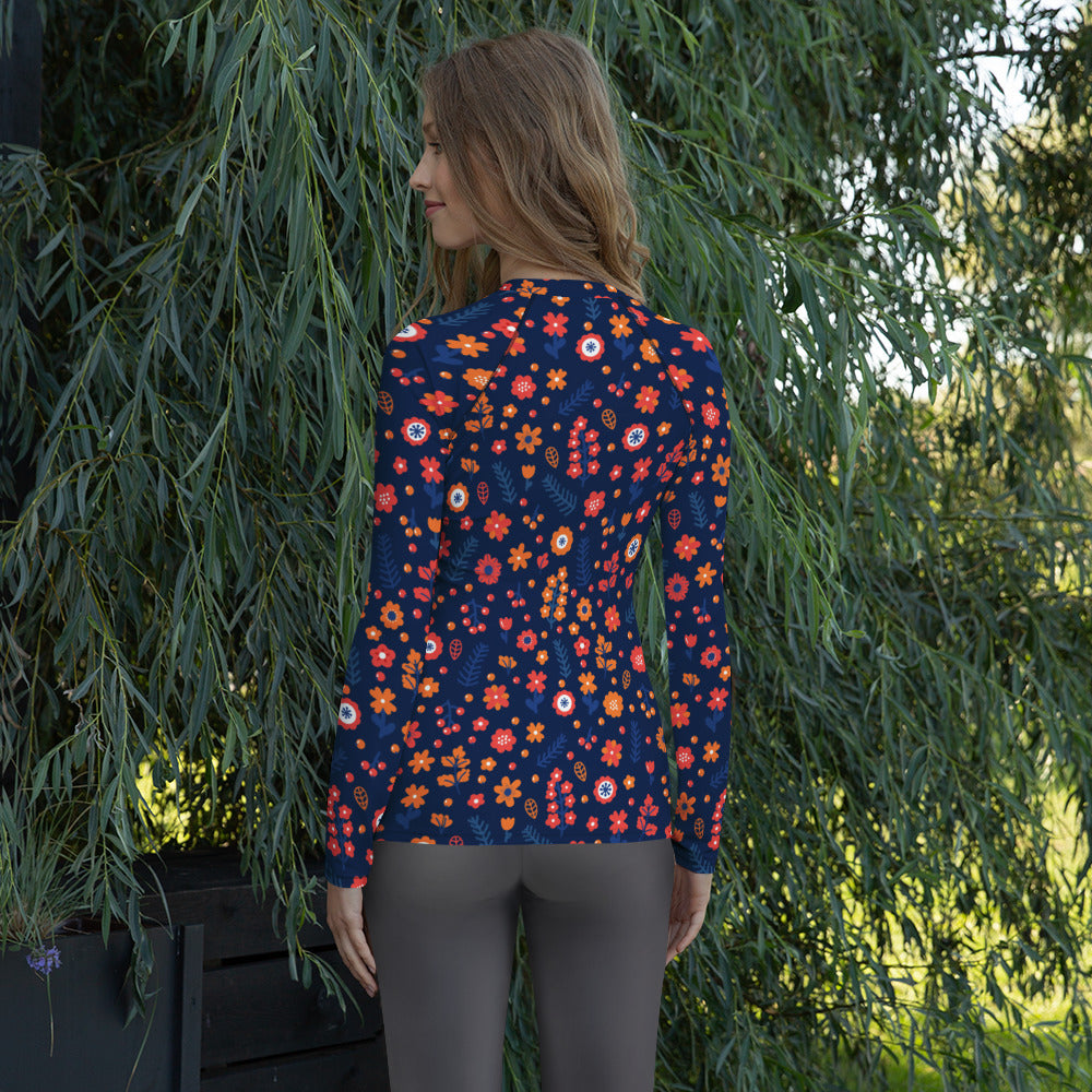 Women's Navy Floral Long Sleeve Rash Guard Swim Shirt – Buttery Soft, Sun Safe UPF 50+ Protection, Quick Dry & 4-Way Stretch Comfort