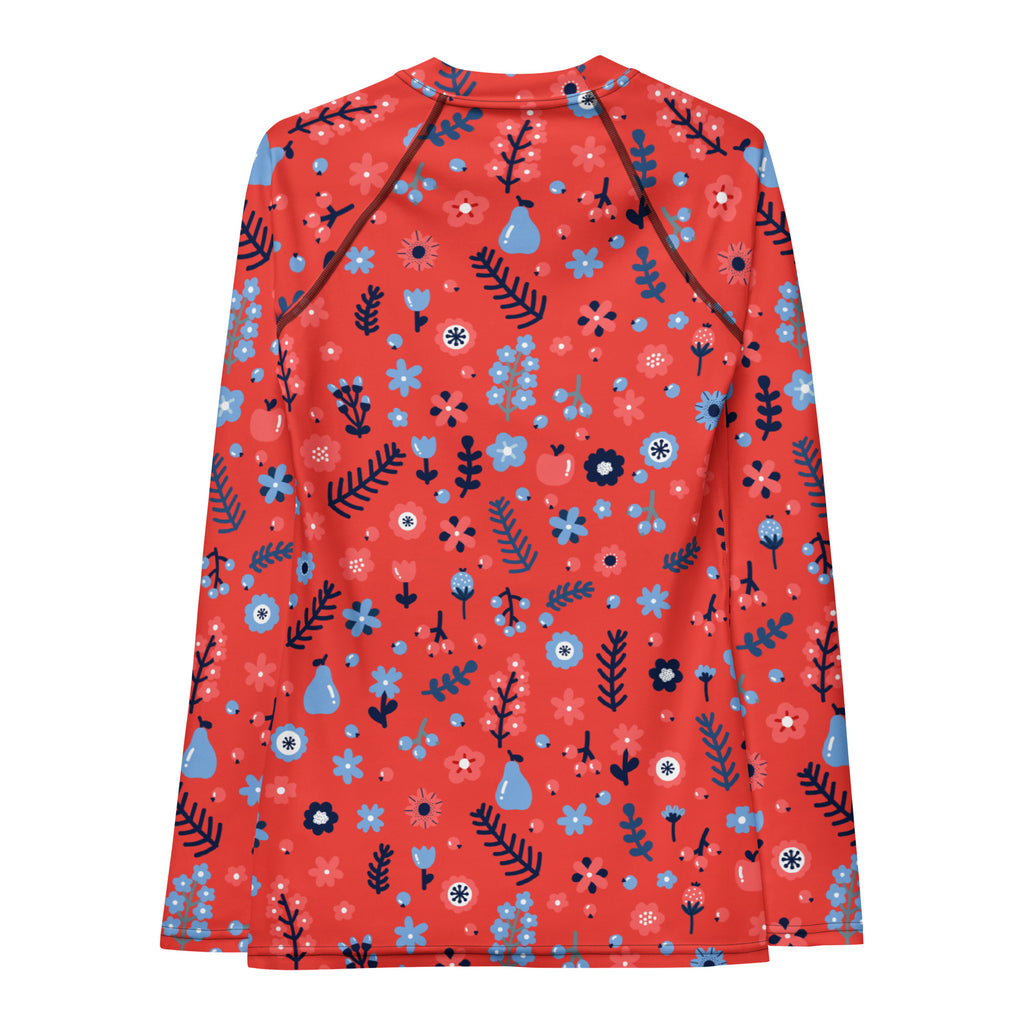 Women's Coral Red Floral Long Sleeve Rash Guard Swim Shirt – Buttery Soft, Sun Safe UPF 50+ Protection, Quick Dry & 4-Way Stretch Comfort