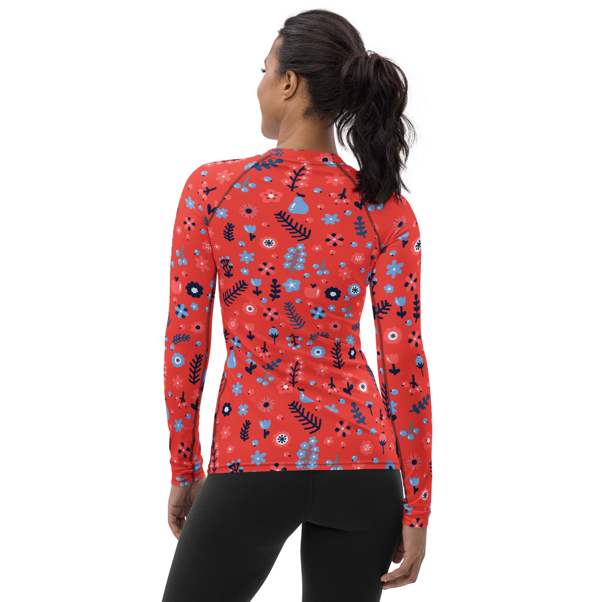 Women's Coral Red Floral Long Sleeve Rash Guard Swim Shirt – Buttery Soft, Sun Safe UPF 50+ Protection, Quick Dry & 4-Way Stretch Comfort