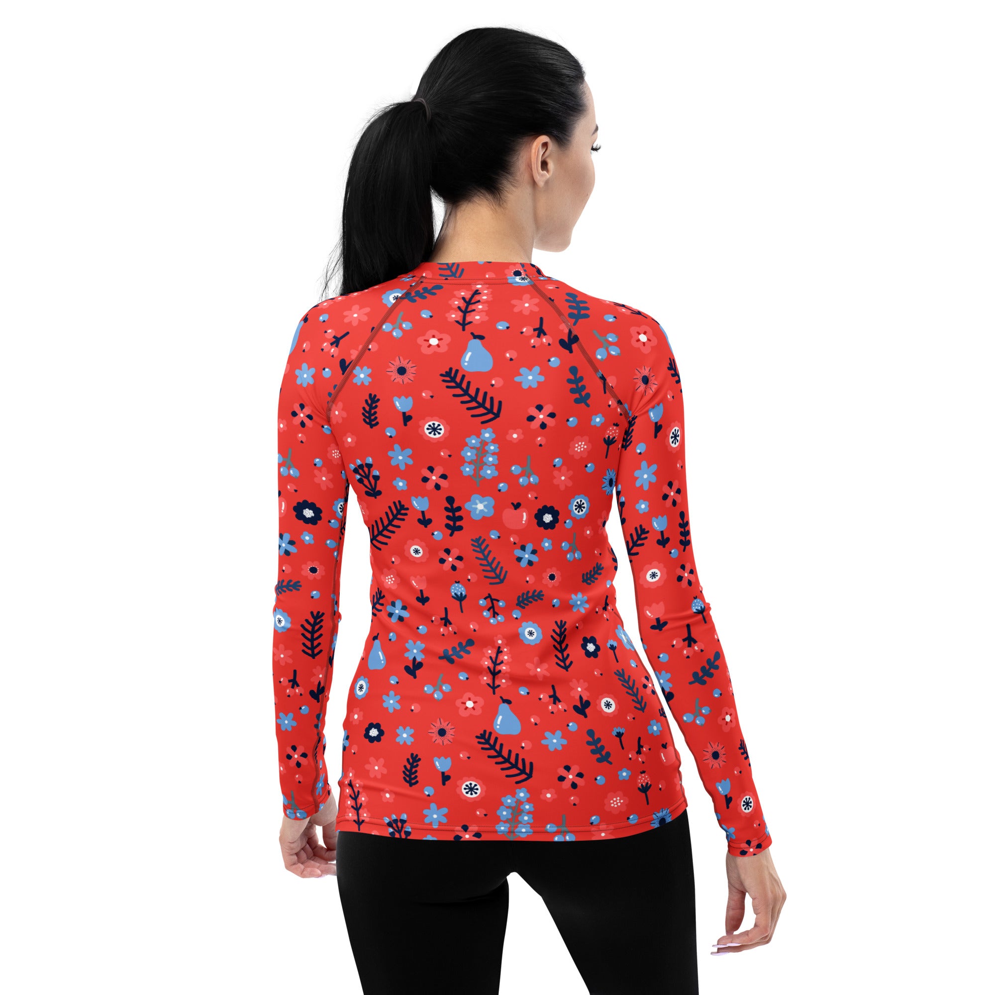 Women's Coral Red Floral Long Sleeve Rash Guard Swim Shirt – Buttery Soft, Sun Safe UPF 50+ Protection, Quick Dry & 4-Way Stretch Comfort