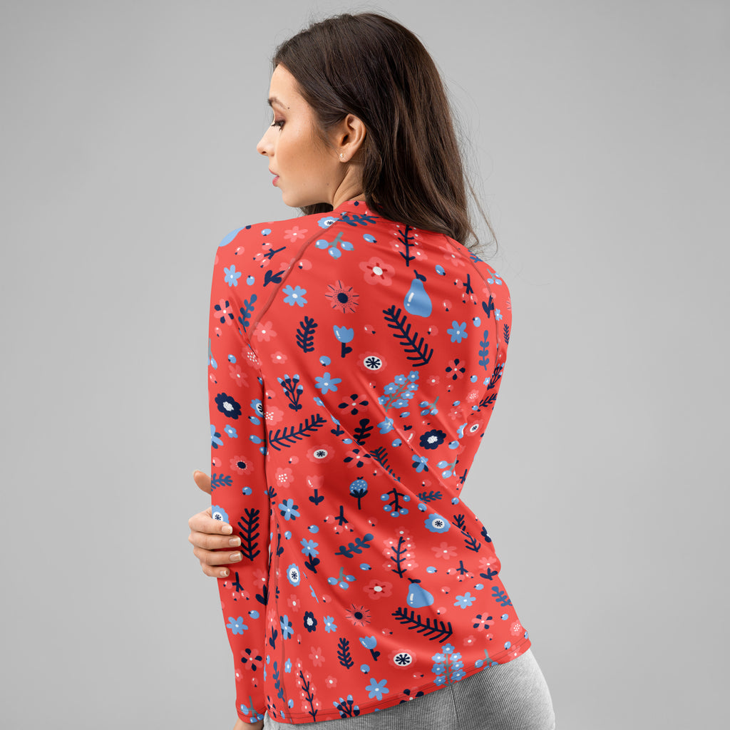 Women's Coral Red Floral Long Sleeve Rash Guard Swim Shirt – Buttery Soft, Sun Safe UPF 50+ Protection, Quick Dry & 4-Way Stretch Comfort
