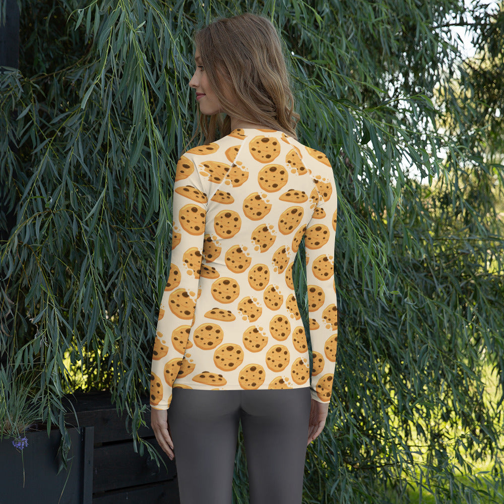 Women's Chocolate Chip Cookies Long Sleeve Rash Guard Swim Shirt – Buttery Soft, Sun Safe UPF 50+ Protection, Quick Dry & 4-Way Stretch Comfort