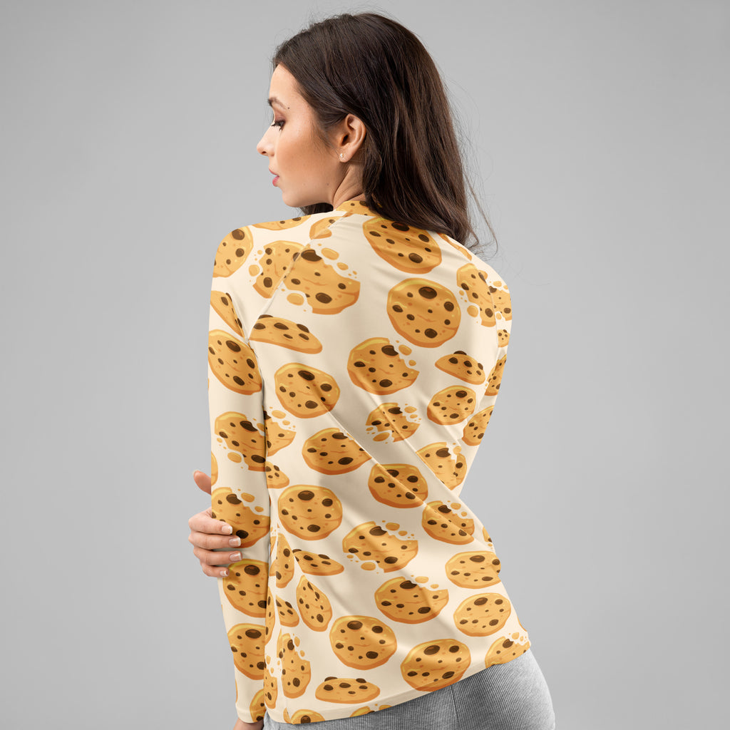 Women's Chocolate Chip Cookies Long Sleeve Rash Guard Swim Shirt – Buttery Soft, Sun Safe UPF 50+ Protection, Quick Dry & 4-Way Stretch Comfort