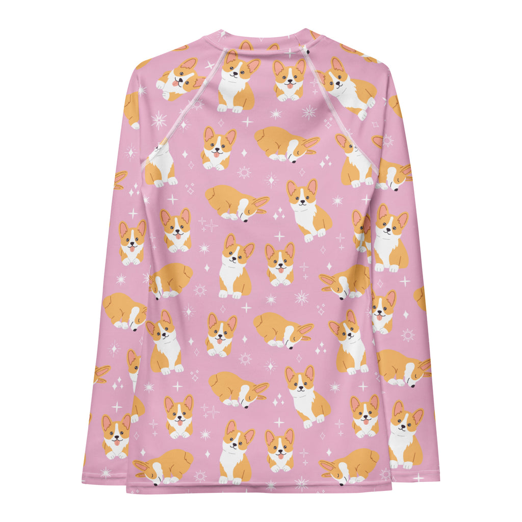Women's Pink Corgi Dog Long Sleeve Rash Guard Swim Shirt – Buttery Soft, Sun Safe UPF 50+ Protection, Quick Dry & 4-Way Stretch Comfort