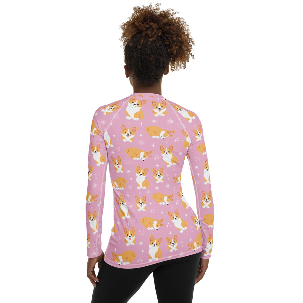 Women's Pink Corgi Dog Long Sleeve Rash Guard Swim Shirt – Buttery Soft, Sun Safe UPF 50+ Protection, Quick Dry & 4-Way Stretch Comfort
