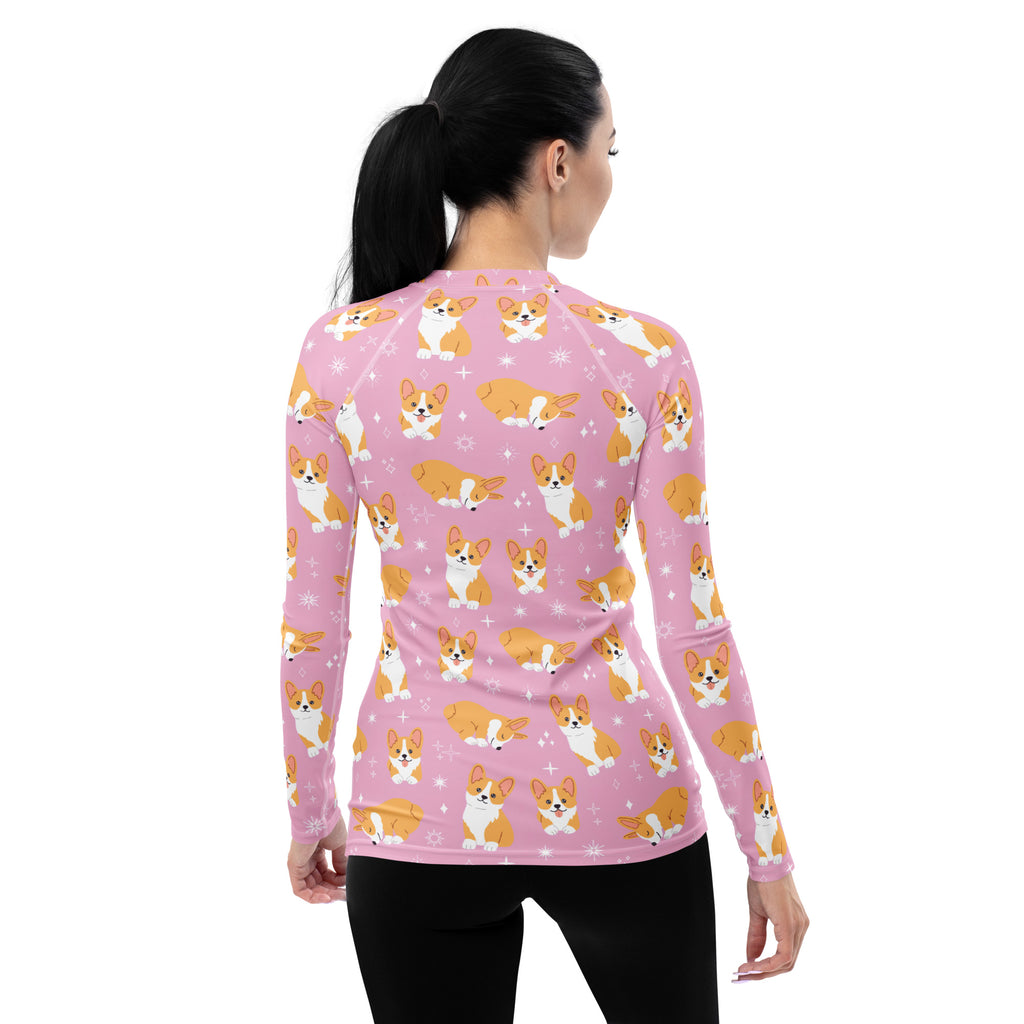 Women's Pink Corgi Dog Long Sleeve Rash Guard Swim Shirt – Buttery Soft, Sun Safe UPF 50+ Protection, Quick Dry & 4-Way Stretch Comfort