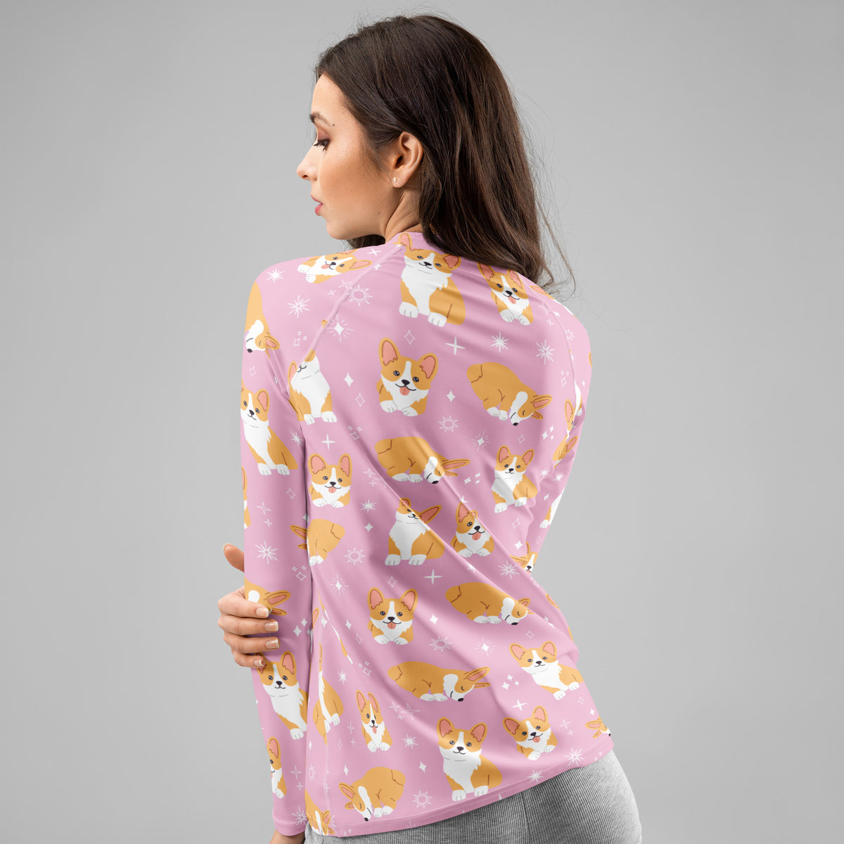 Women's Pink Corgi Dog Long Sleeve Rash Guard Swim Shirt – Buttery Soft, Sun Safe UPF 50+ Protection, Quick Dry & 4-Way Stretch Comfort