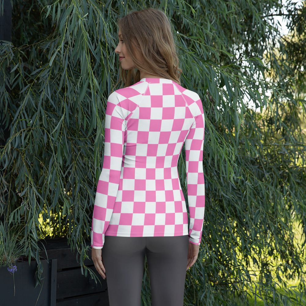 Women's Pink Checkerboard Long Sleeve Rash Guard Swim Shirt – Buttery Soft, Sun Safe UPF 50+ Protection, Quick Dry & 4-Way Stretch Comfort