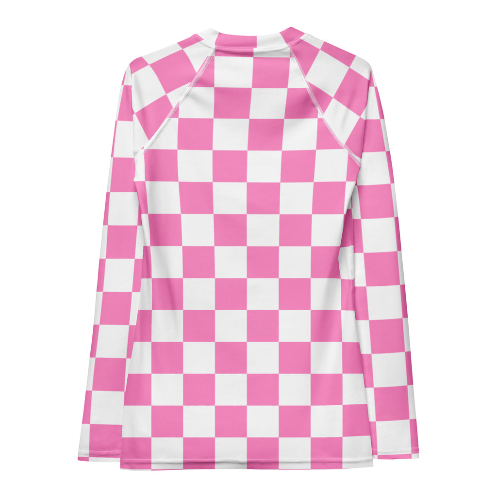 Women's Pink Checkerboard Long Sleeve Rash Guard Swim Shirt – Buttery Soft, Sun Safe UPF 50+ Protection, Quick Dry & 4-Way Stretch Comfort