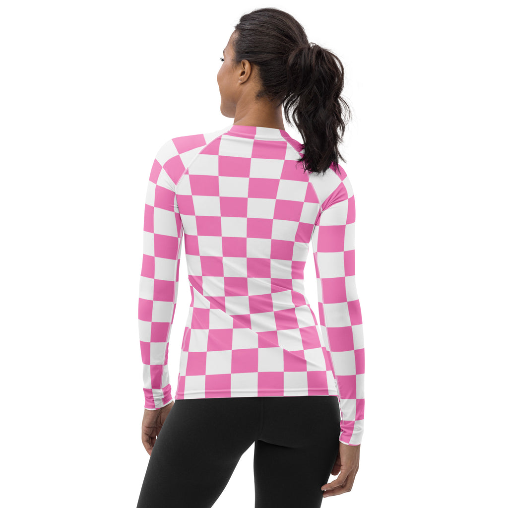 Women's Pink Checkerboard Long Sleeve Rash Guard Swim Shirt – Buttery Soft, Sun Safe UPF 50+ Protection, Quick Dry & 4-Way Stretch Comfort
