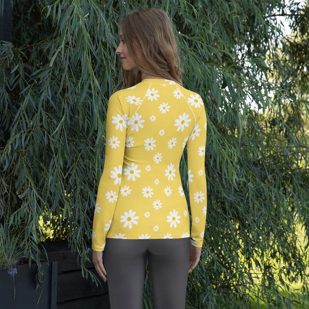 Women's Yellow Daisy Long Sleeve Rash Guard Swim Shirt – Buttery Soft, Sun Safe UPF 50+ Protection, Quick Dry & 4-Way Stretch Comfort