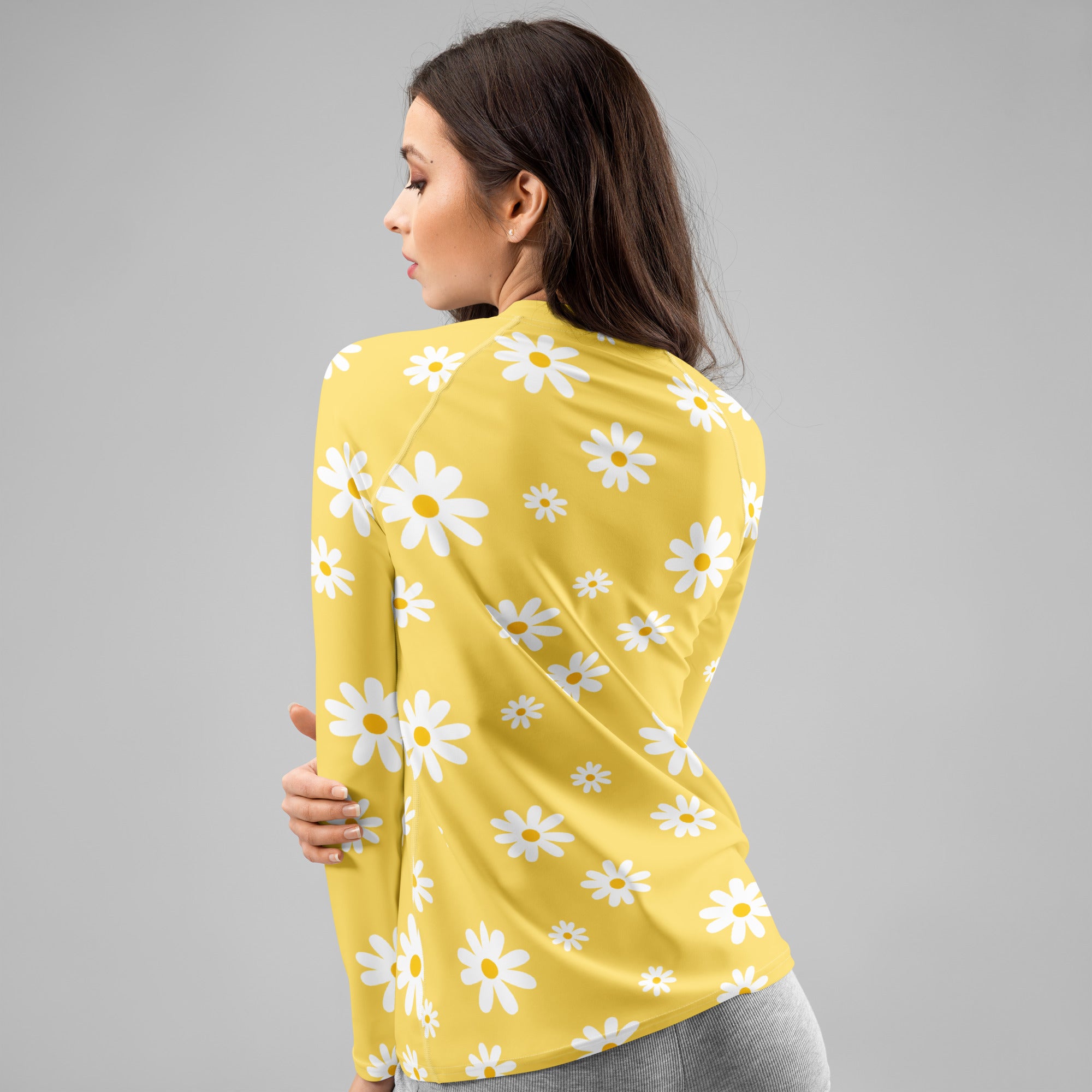Women's Yellow Daisy Long Sleeve Rash Guard Swim Shirt – Buttery Soft, Sun Safe UPF 50+ Protection, Quick Dry & 4-Way Stretch Comfort