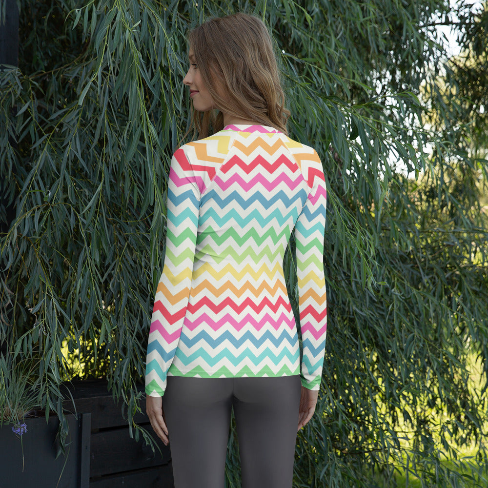 Women's Coastal Rainbow Chevron Long Sleeve Rash Guard Swim Shirt – Buttery Soft, Sun Safe UPF 50+ Protection, Quick Dry & 4-Way Stretch Comfort