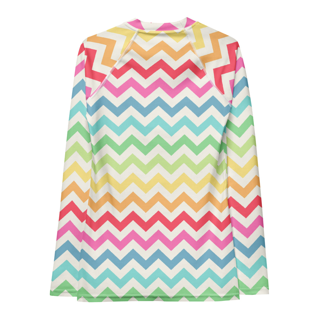 Women's Coastal Rainbow Chevron Long Sleeve Rash Guard Swim Shirt – Buttery Soft, Sun Safe UPF 50+ Protection, Quick Dry & 4-Way Stretch Comfort