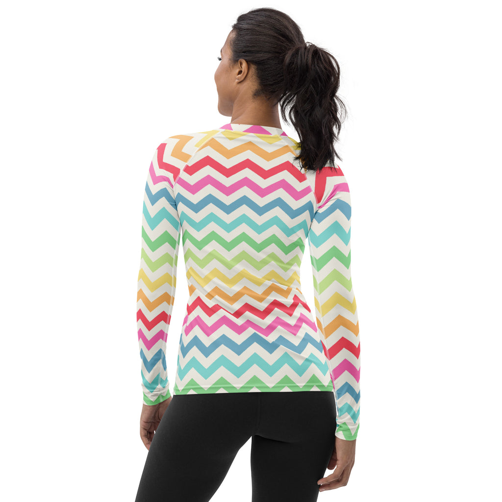 Women's Coastal Rainbow Chevron Long Sleeve Rash Guard Swim Shirt – Buttery Soft, Sun Safe UPF 50+ Protection, Quick Dry & 4-Way Stretch Comfort