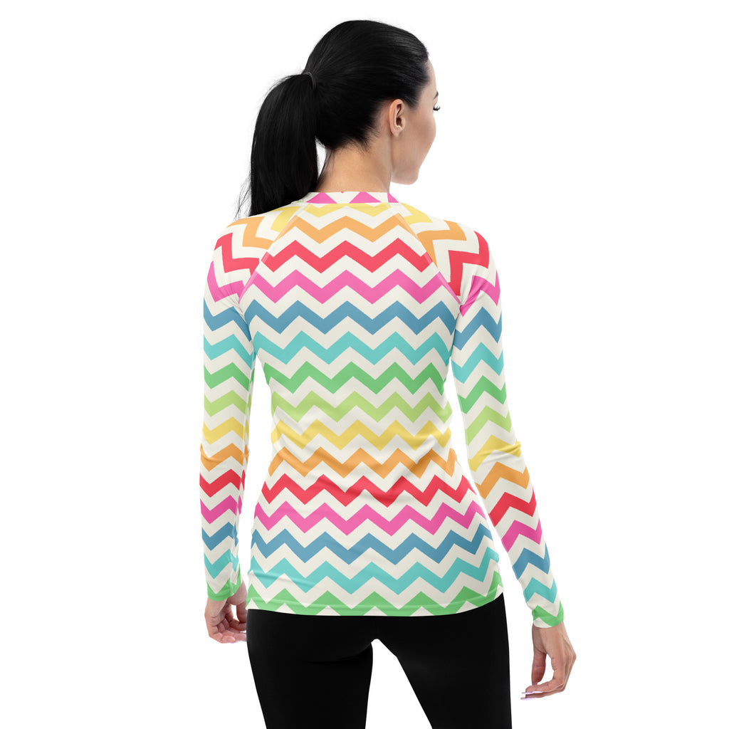 Women's Coastal Rainbow Chevron Long Sleeve Rash Guard Swim Shirt – Buttery Soft, Sun Safe UPF 50+ Protection, Quick Dry & 4-Way Stretch Comfort