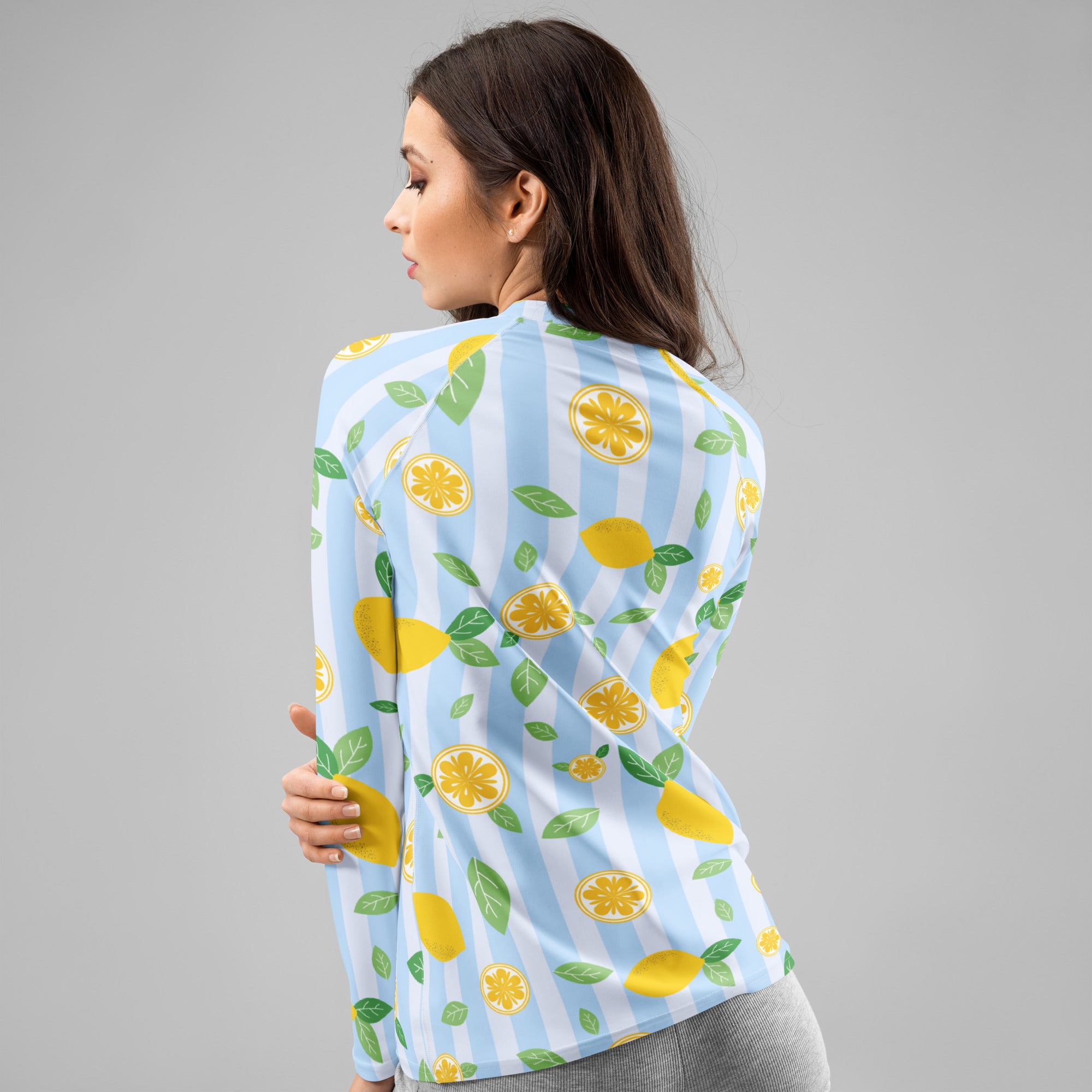 Women's Lemon Stripe Long Sleeve Rash Guard Swim Shirt – Buttery Soft, Sun Safe UPF 50+ Protection, Quick Dry & 4-Way Stretch Comfort