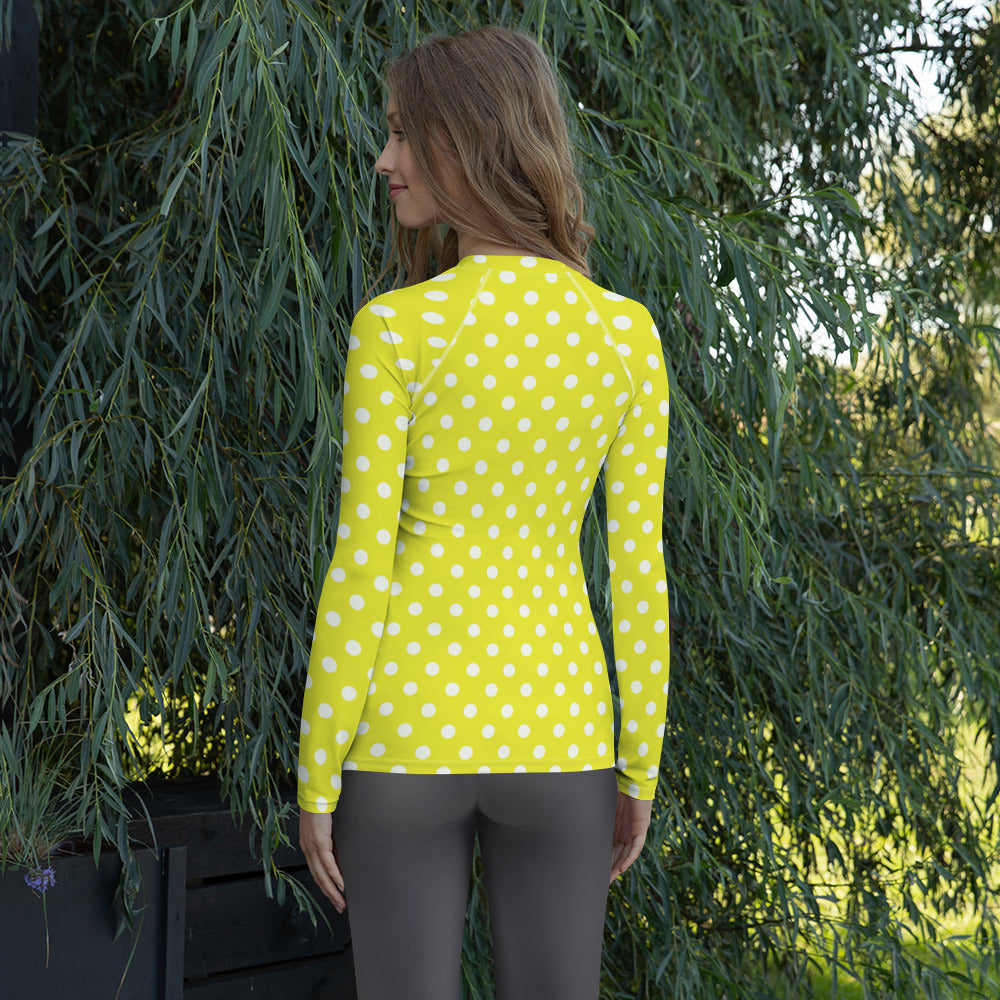 Women's Yellow Polka Dot Long Sleeve Rash Guard Swim Shirt – Buttery Soft, Sun Safe UPF 50+ Protection, Quick Dry & 4-Way Stretch Comfort